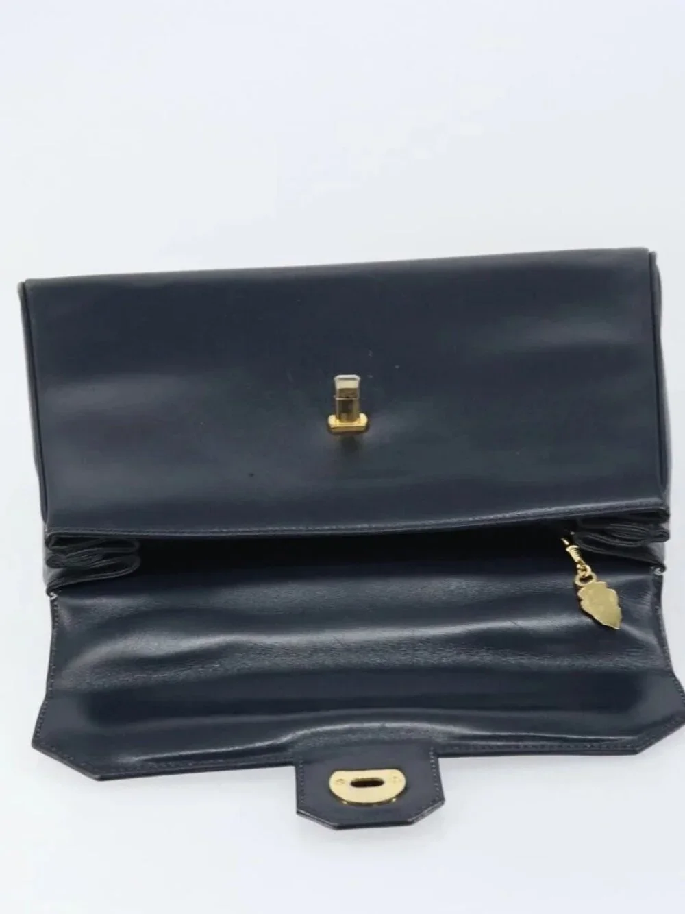 GUCCI Hand Bag Leather Navy Gold Auth